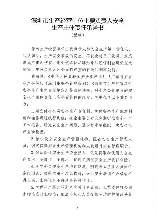 深圳市生產(chǎn)經(jīng)營單位主要負責人安全生產(chǎn)主體責任承諾書